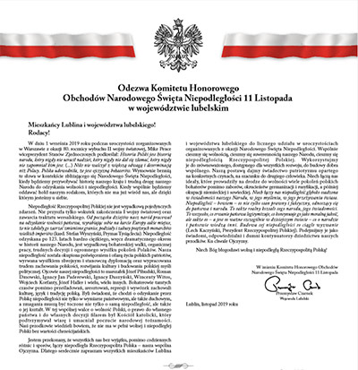 Odezwa Komitetu Honorowego Obchodów Narodowego Święta Niepodległości 11 Listopada w województwie lubelskim